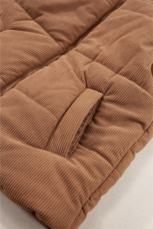 Corduroy Stand-Collar Zip-Front Quilted Puffer Vest